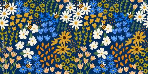 Seamless pattern with little wild meadow flowers, leaves and bees. Сolourful cute floral summer background. Can be used for wrapping, textile, print, banner, brochure, label, wallpaper, greeting card	