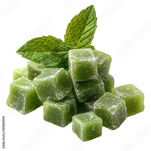 Peppermint gum pieces paired with fresh mint leaves perfect for freshness and flavor themes isolated on transparent background, png photo