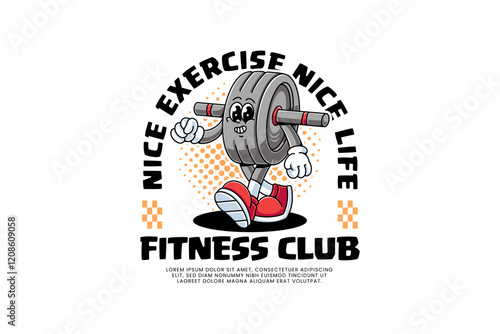 abs wheel push up bar handle retro cartoon character mascot illustration with walking and relaxing pose for fitness gym bodybuilding sport club mascots and merchandise