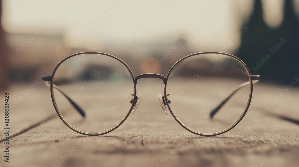 Round eyeglasses on wooden surface, blurred background. Round eyeglasses on wooden surface, blurred background.