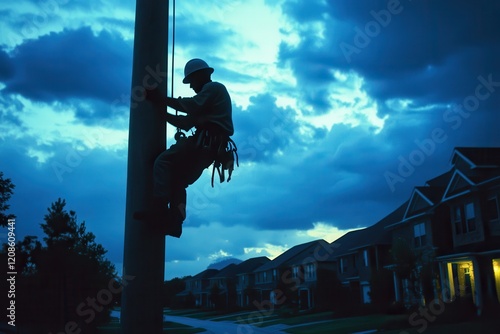 Silhouette Electrician Working on Power Pole During Twilight in Suburban Neighborhood with Beautiful Twilight Lighting and Dramatic Cloudy Sky Background