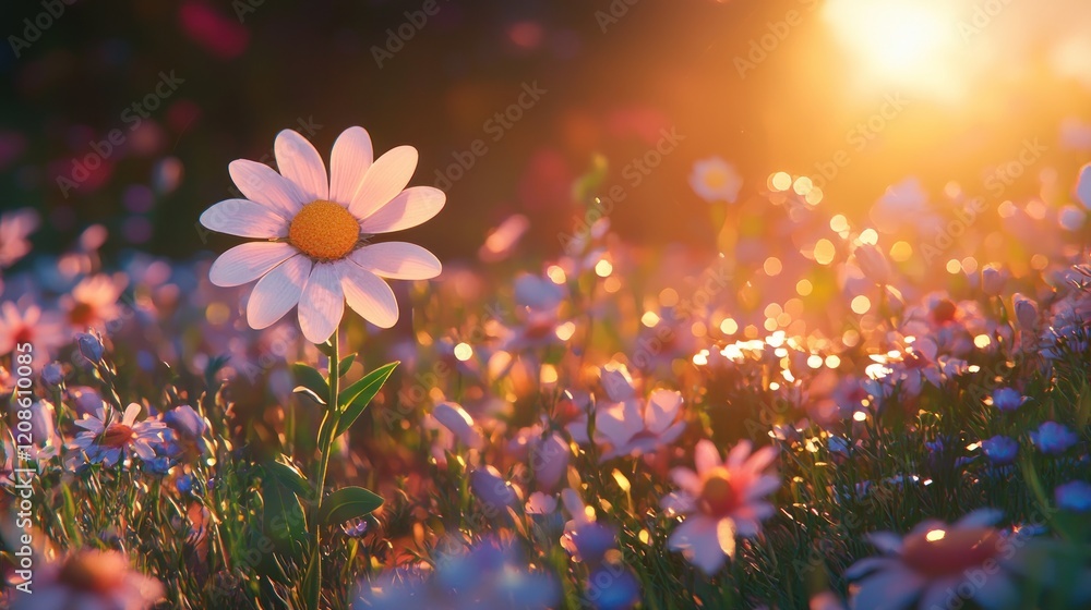 Single daisy in sunset meadow. Single daisy in sunset meadow.
