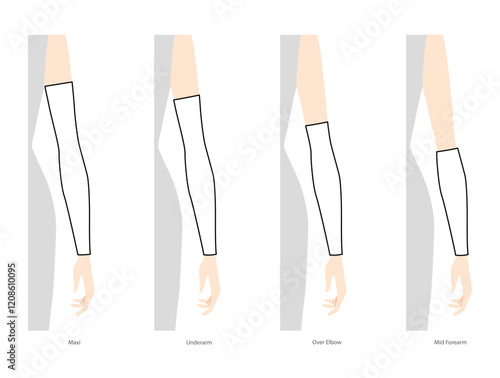 Set of arm sleeves Gloves Fashion hand accessory clothing technical illustration garment. Vector front side back view for Men, women, unisex style flat template CAD mockup sketch on white background