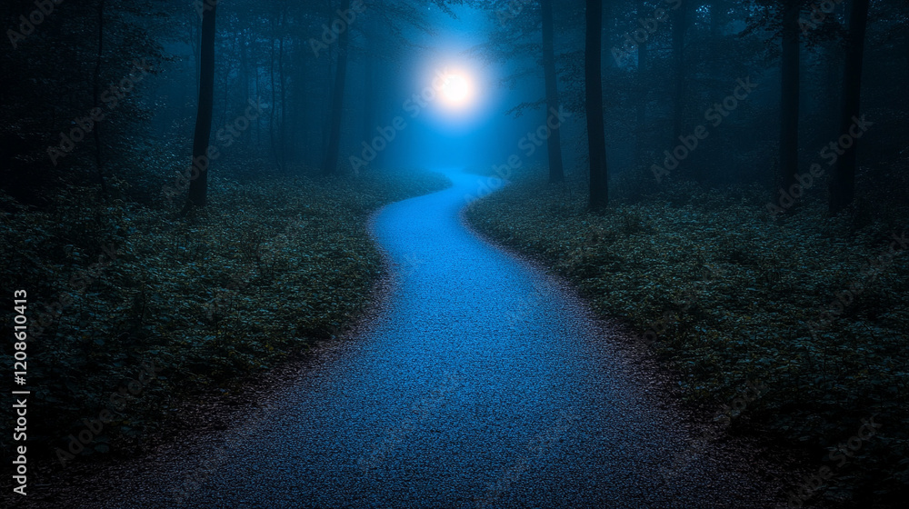 Fototapeta premium A glowing moonlight shines through an ancient forest casting light on a path with a blurred empty space for caption on the side evoking mystery, serenity, and a journey into the unknown