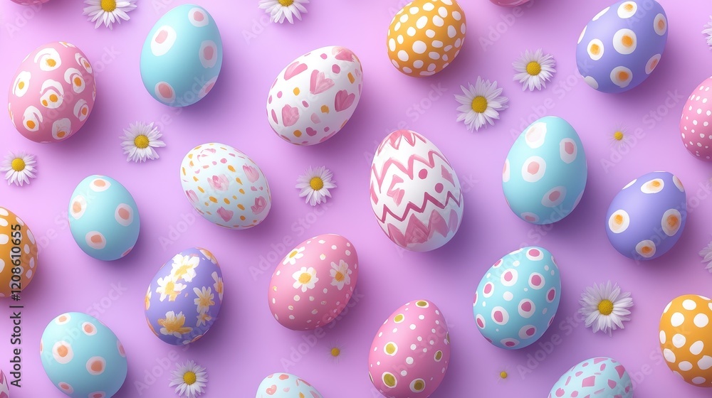 Vibrant isometric pattern of painted easter eggs with daisies on pastel background Vibrant isometric pattern of painted easter eggs with daisies on pastel background