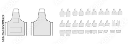 Set of Aprons technical fashion illustration. Chef uniform for cooking cartoon Flat sketch outline apparel template front, back view. Women, men unisex CAD mockup isolated on white background