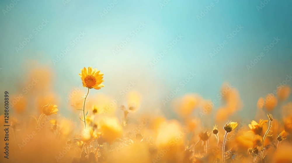 Obraz premium Single yellow flower in a field of blurry yellow flowers at sunset.
