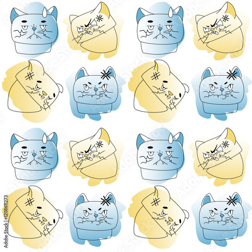 Cat meme pattern. Yellow and Blue colors with black linart. Emotions of joke, humor, surprise, hopelessness, anger.