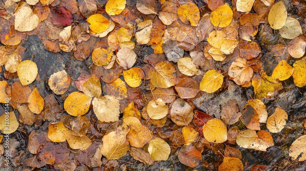 Wet autumn leaves on dark ground. Wet autumn leaves on dark ground.