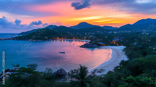 Breathtaking sunset over remote koh samui island cove. Twilight Cove. Illustration