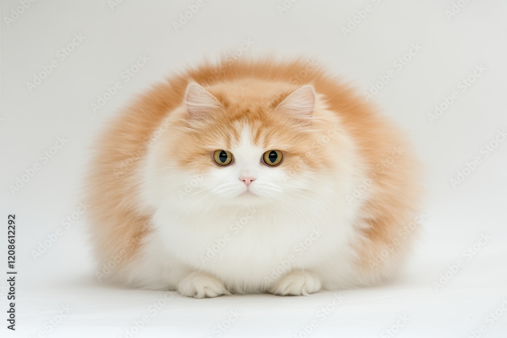 Fototapeta premium Fluffy orange and white cat sitting calmly on a neutral background in a cozy indoor setting