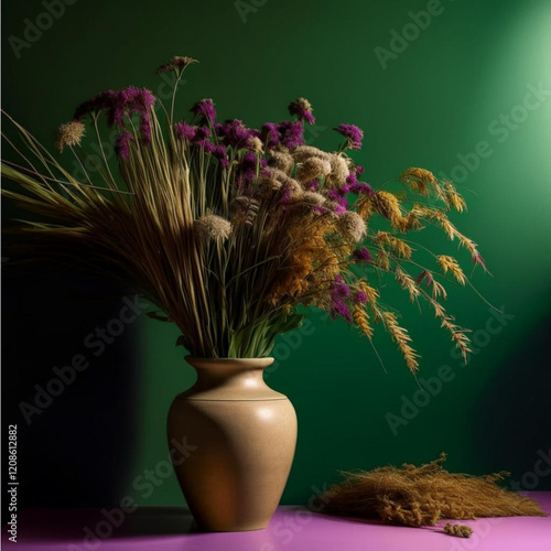 Still life with dried flowers in vase on the table and green background