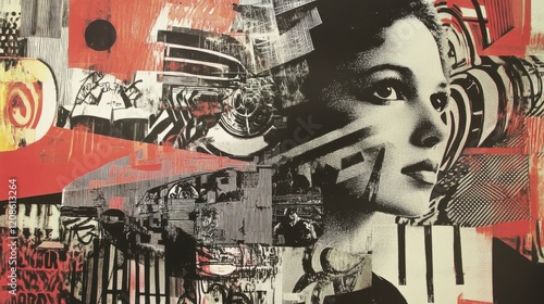 Creative abstract collage of young caucasian female with urban elements in graffiti style