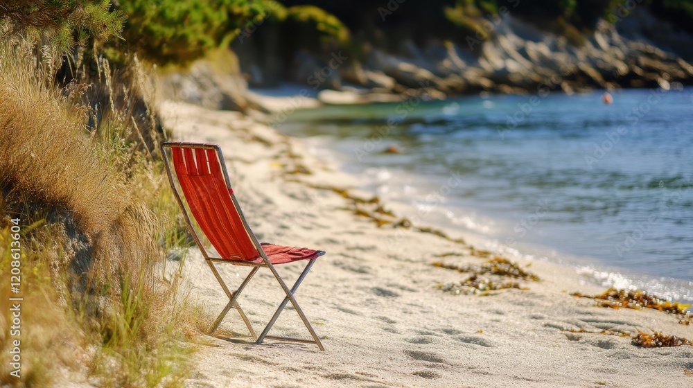 Red chair on tranquil beach shoreline with calm ocean waves and scenic view Red chair on tranquil beach shoreline with calm ocean waves and scenic view