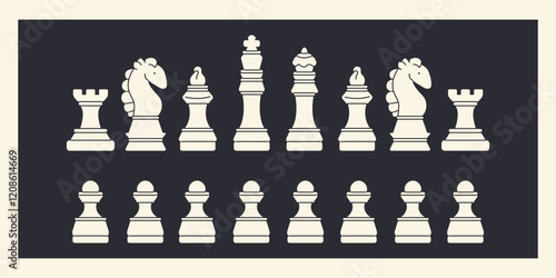 Chess white pieces: rook, knight, bishop, king, queen, and pawns. Strategy game symbols in black and white. Minimalist chess art illustration.