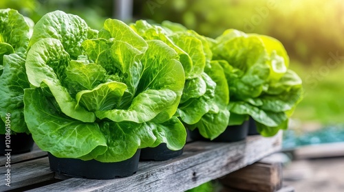 Fresh Green Lettuce Grown in Pots on a Wooden Table in a Garden Setting with Bright Natural Light Highlighting the Leaves and Beautiful Background Bokeh
