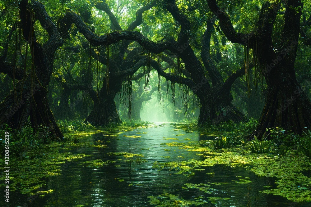 Obraz premium Lush green jungle, tranquil waterway, ancient trees.