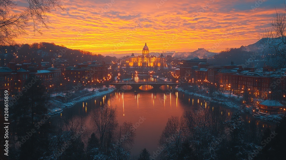 Naklejka premium Stunning Sunset Over Snow-Covered City with Illuminated Bridge and River