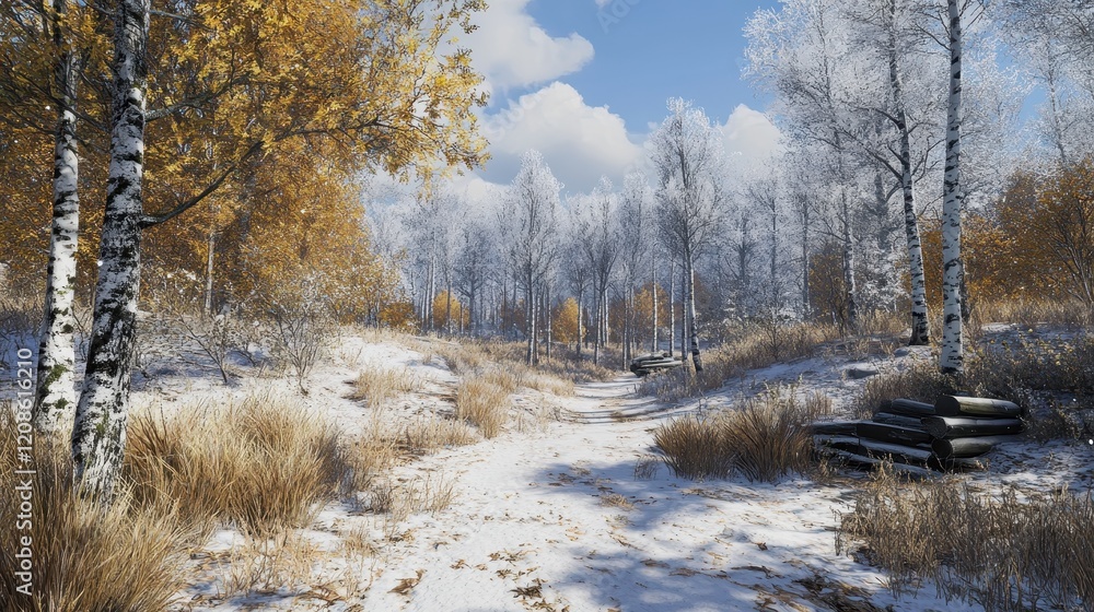 Serene winter-fall woodland path with golden leaves and snow-covered trees Serene winter-fall woodland path with golden leaves and snow-covered trees