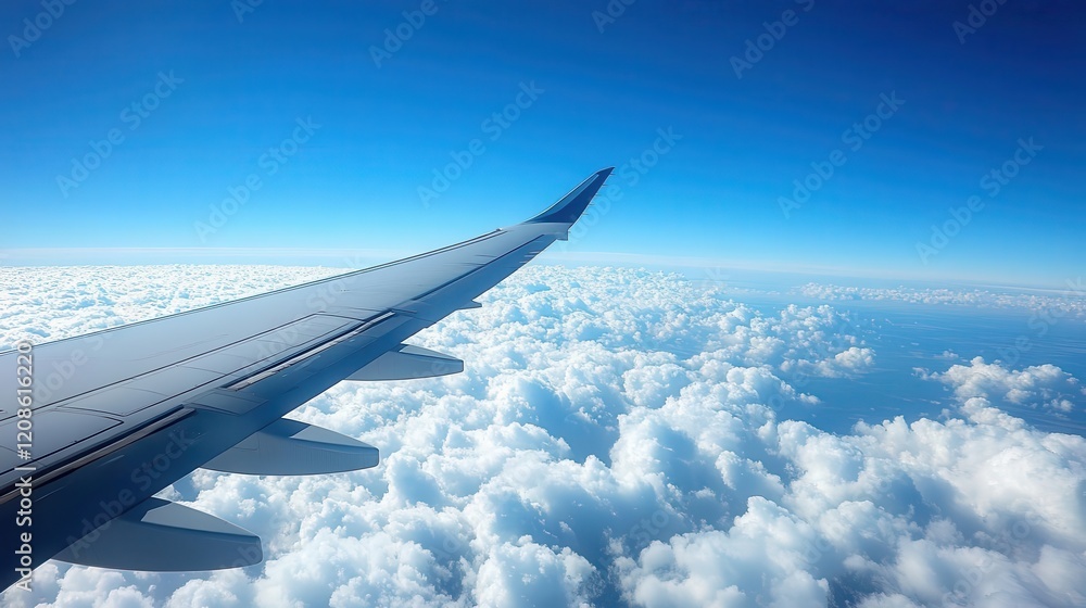 Airplane in flight, close-up of airplane wing against a bright sky, soft clouds below Airplane in flight, close-up of airplane wing against a bright sky, soft clouds below