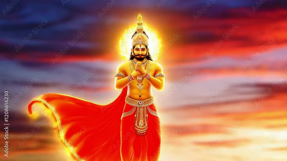 Majestic deity walking on clouds, wearing a flowing red cape, a golden halo illuminating the divine presence Majestic deity walking on clouds, wearing a flowing red cape, a golden halo illuminating the divine presence