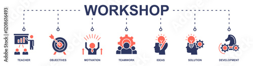 workshop banner web icon vector illustration concept for teacher, objectives, motivation, teamwork, ideas, solution, development