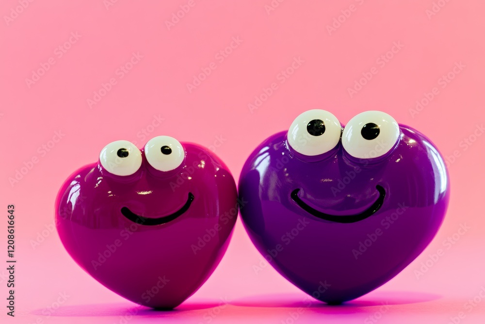 Obraz premium Colorful cartoon hearts with smiling faces on a pink background evoke feelings of joy and affection in a playful display