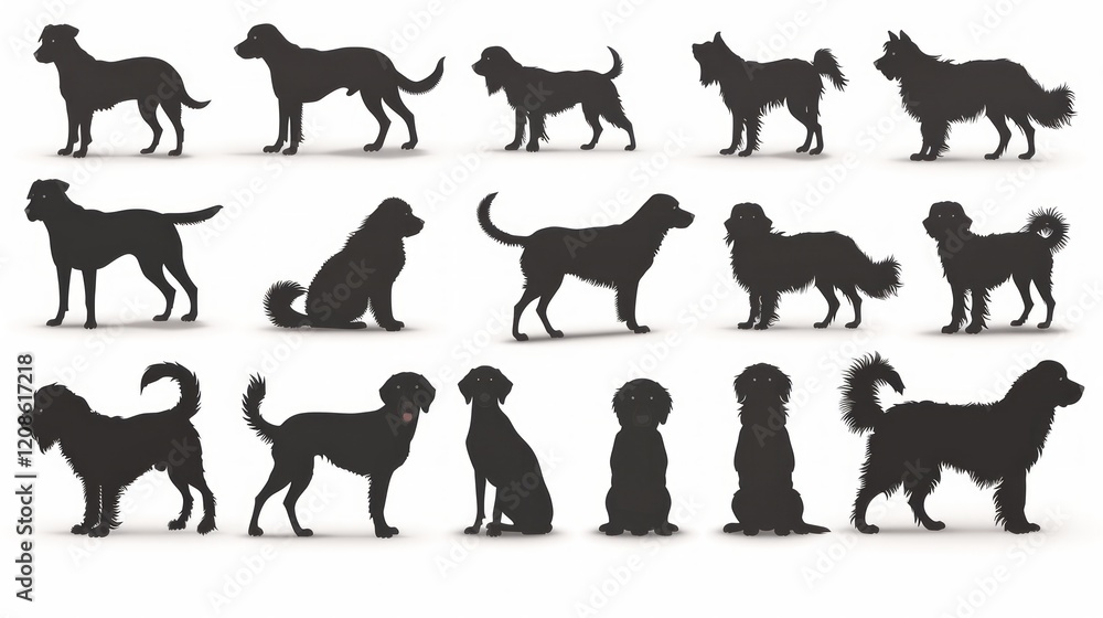 Diverse Dog Breeds Silhouettes, Collection, White Background, Pet Adoption Diverse Dog Breeds Silhouettes, Collection, White Background, Pet Adoption