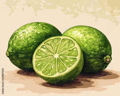 Fresh green lime placed whole and intact with its smooth skin standing out against the white background