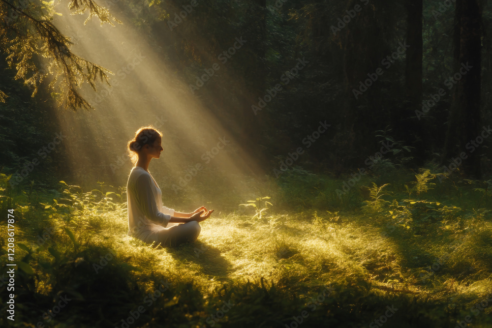 Meditating in a sunlit forest clearing during the morning hours for tranquility and mindfulness Meditating in a sunlit forest clearing during the morning hours for tranquility and mindfulness