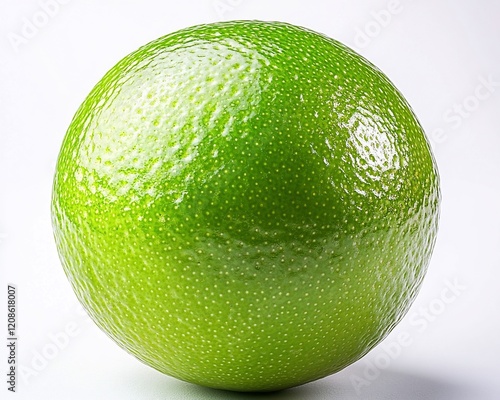 Fresh green lime placed whole and intact with its smooth skin standing out against the white background