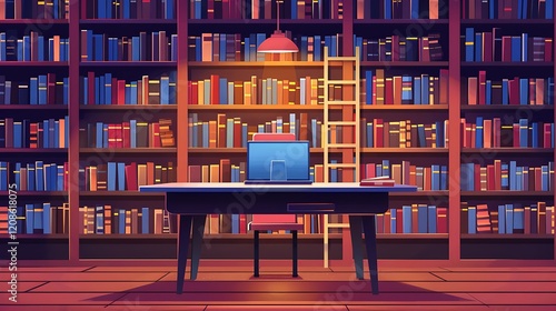 Library with books on shelves and laptop on table. Vector cartoon illustration of school, university or public library or store with bookcase, ladder, desk for study and chair