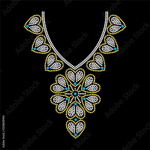 Rhinestone applique collar design for t-shirt or blouse hot-fix transfer. Abstract beautiful glitter applique rhinestone motif.	