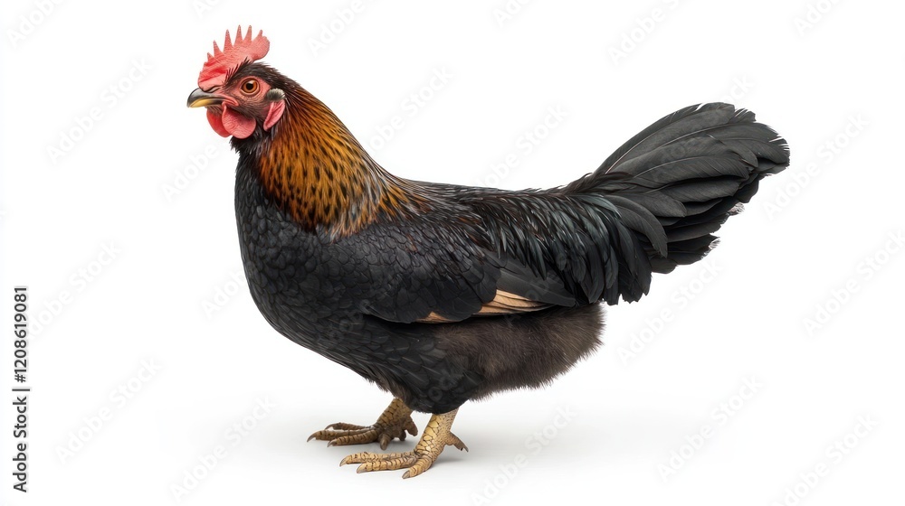 Fototapeta premium Portrait of a Black Hen on a White Background - Ideal for Educational or Agricultural Use