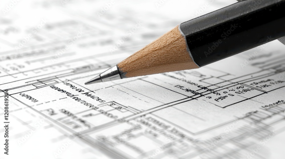 Close-up of pencil pointing at architectural blueprint. Close-up of pencil pointing at architectural blueprint.