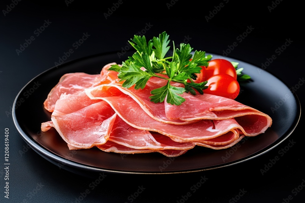 Freshly Sliced Delicate Ham with Garnish of Parsley and Cherry Tomatoes on a Black Plate for Gourmet Presentation and Culinary Inspiration Freshly Sliced Delicate Ham with Garnish of Parsley and Cherry Tomatoes on a Black Plate for Gourmet Presentation and Culinary Inspiration