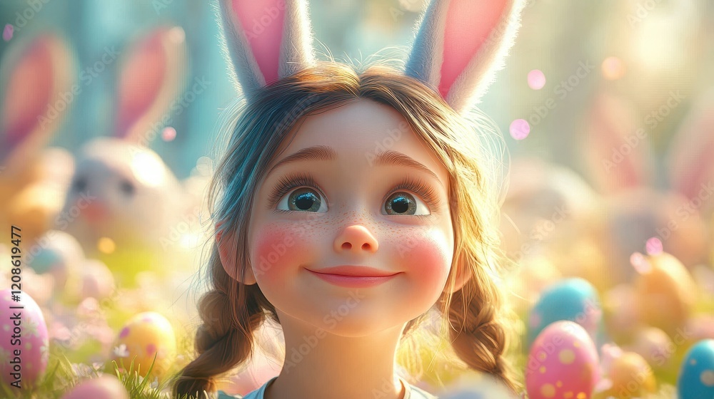 Cheerful little girl with bunny ears celebrating easter in a colorful egg field Cheerful little girl with bunny ears celebrating easter in a colorful egg field
