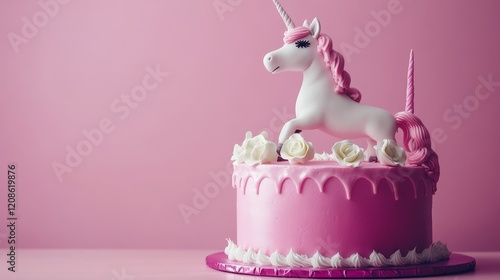 A pastel-colored background features a pink unicorn birthday cake, leaving room for text. photo