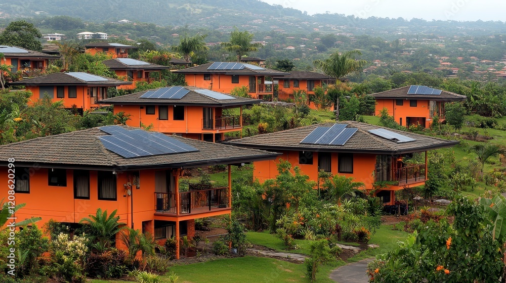 Obraz premium Eco Friendly Orange Houses with Solar Panels on Hillside