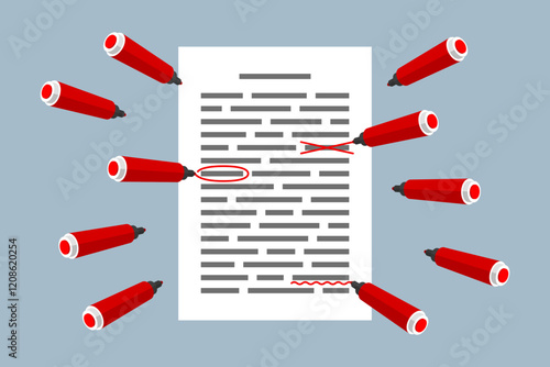 Document with red markings and markers, text checking and editing