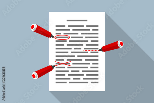 Document with red markings and markers, text checking and editing