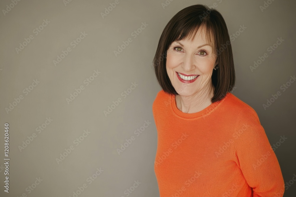 Fototapeta premium Smiling woman in bright orange sweater poses against neutral background in studio setting