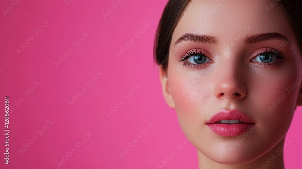 Close-up Portrait of a Woman with Pink Makeup, Pink Background Close-up Portrait of a Woman with Pink Makeup, Pink Background
