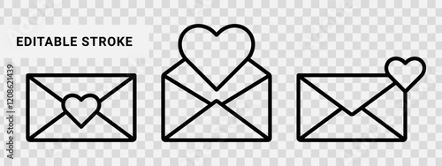 Romantic love mail envelope icon set in editable stroke