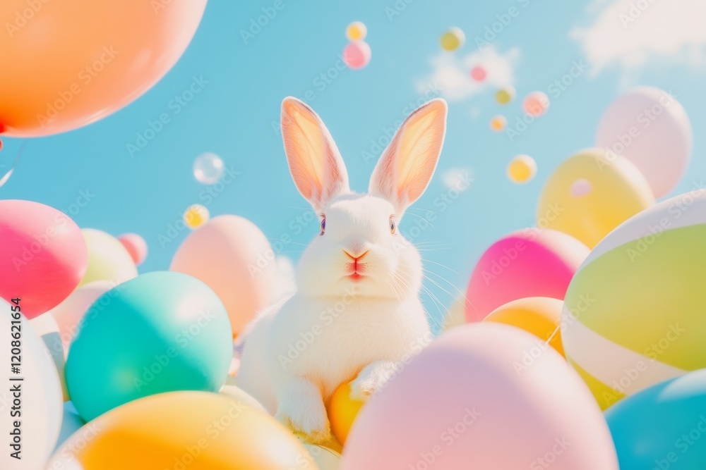 White rabbit surrounded by colorful Easter eggs in a bright sky setting during spring celebration White rabbit surrounded by colorful Easter eggs in a bright sky setting during spring celebration