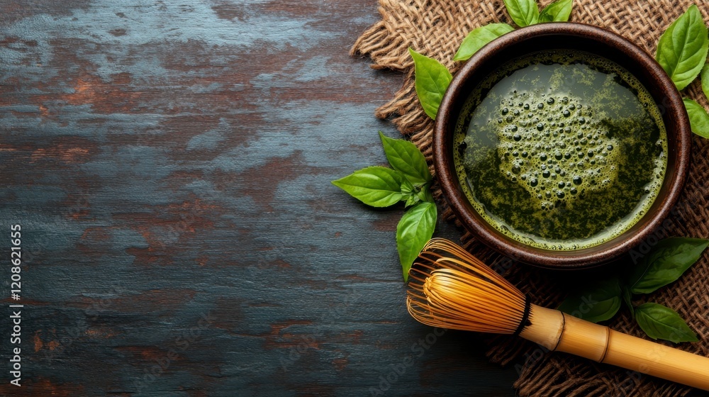 Aromatic Matcha Green Tea in Bowl with Whisk and Leaves on Rustic Wood