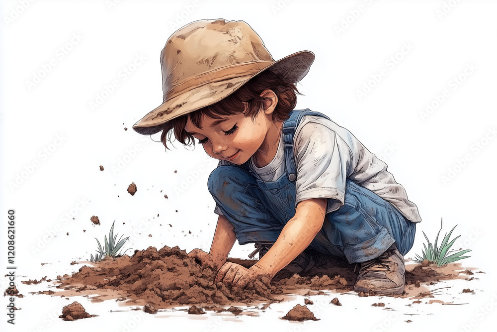 Illustration of kid digging soil