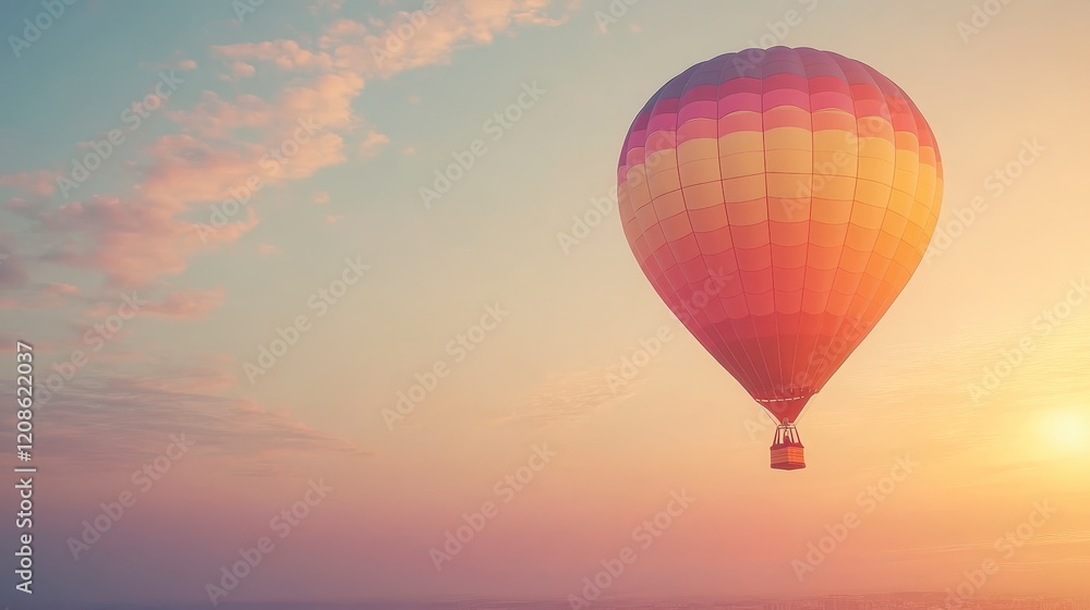 Obraz premium Colorful Hot Air Balloon Soaring at Sunrise Scenic Aerial View