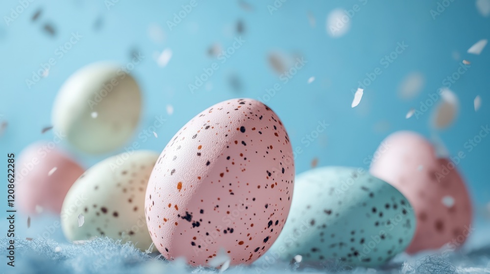 Obraz premium Ultra realistic easter holiday banner with decorative eggs falling in soft focus