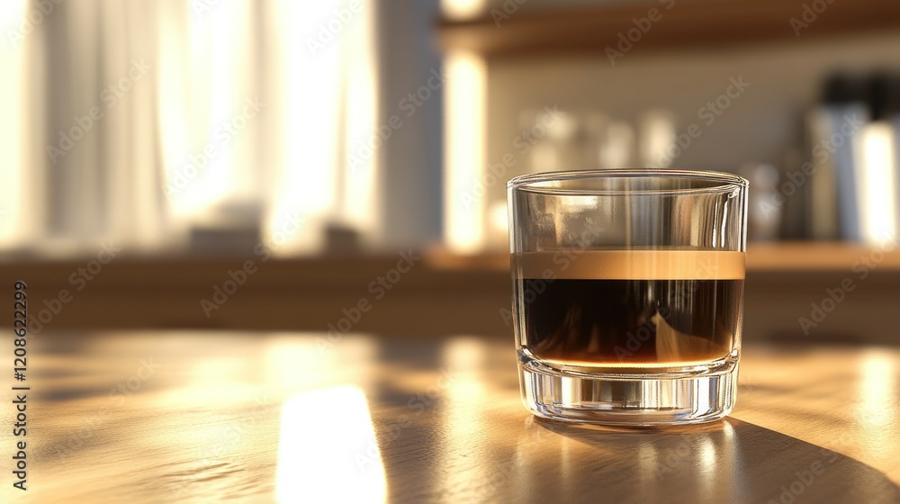 Espresso macchiato in glass on wooden table. Espresso macchiato in glass on wooden table.